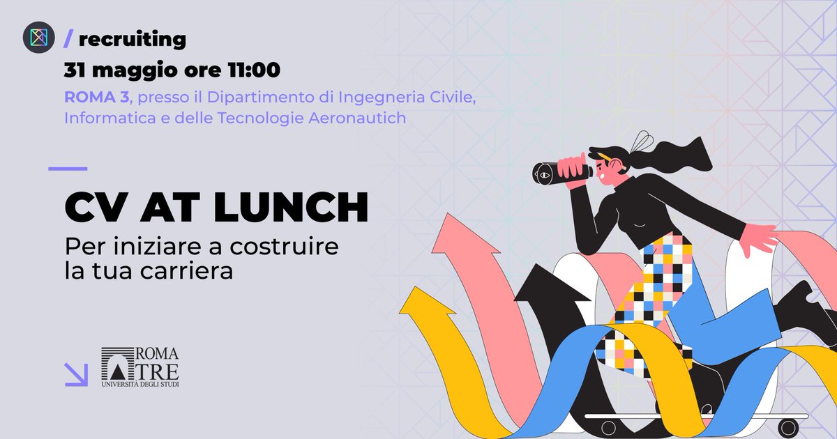 ActivaGruppo's tweet image. 📌 #TakeNote | Domani 31 maggio, a partire dalle 11, il Gruppo Activa parteciperà a Cv at Lunch, evento di #orientamento organizzato dal Dipartimento di #Ingegneria Civile, #Informatica e delle Tecnologie Aeronautiche dell'@UnivRoma3.
Per info ➤ ……icatecnologieaeronautiche.uniroma3.it/terza-missione…