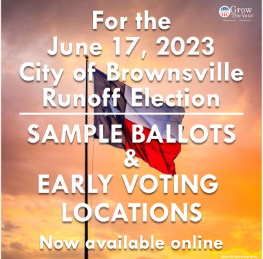 CameronVotes's tweet photo. Sample ballots for the City of Brownsville Runoff Election now available online:
https://t.co/zebn6GBmhb
Early Voting Locations and times for the City of Brownsville Runoff Election available at:
https://t.co/BGbnCtl1It https://t.co/FEwjIB7BUR