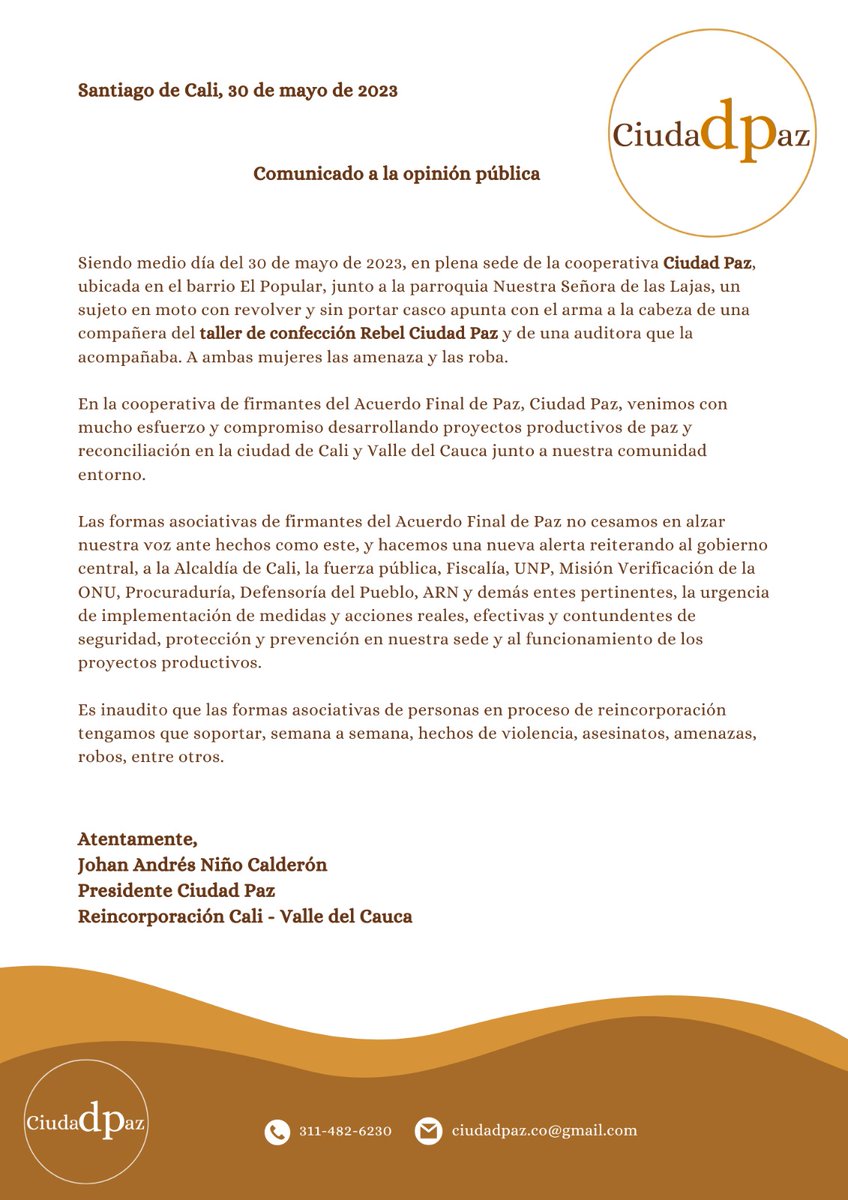 CiudadPazCo's tweet photo. #DenunciaPública #NoMásViolenciaContraLaPaz #NoMásViolenciaContraLasMujeresDePaz https://t.co/EXgsv7pRh5