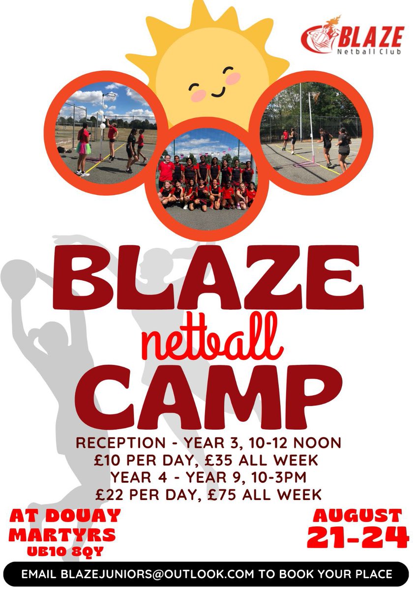 Get ready for Blaze Netball Summer Camp!

Open to all from Reception to Year 9, filled with skills, games and fun.

Enquire at blazejuniors@outlook.com to find out more and book your place today☀️