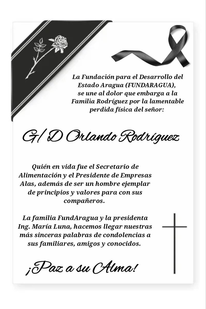 La Gran Flia. FundAragua y la Pdta Ing María Luna, enviamos nuestras más sinceras palabras de condolencias a la familia Rodríguez por el sensible fallecimiento del Sr.

G/D Orlando Rodríguez

Quién en vida fue el Sec. de Alimentación y el Pdte de Empresas Alas.
¡Paz a su Alma! 🕊️