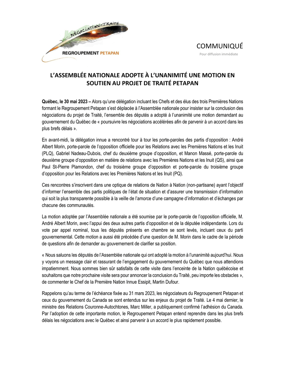 SEIZE03_fil's tweet photo. Communiqué : L'Assemblée nationale adopte à l'unanimité une motion en soutien au projet de Traité Petapan

#polqc #Traité #regroupementpetapan #motion #unanimité #soutien #AssNat #PLQ #PQ #QS #CAQ #Autochtones #PremièresNations #Innus https://t.co/Ag3TSbB6Vz