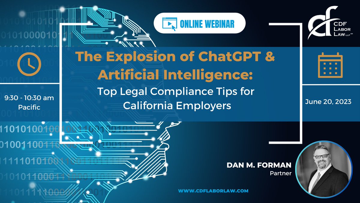 CDFLaborLaw's tweet photo. Register now to reserve your spot for this informative &amp; engaging complimentary #webinar covering the top legal compliance tips for CA employers during this explosive time of #ChatGPT &amp; #AI.
https://t.co/9aaKtNKDOo
#cdflaborlaw #webinar #chatgpt #aicompliance #ai #caemplaws https://t.co/cwwREwdQHj