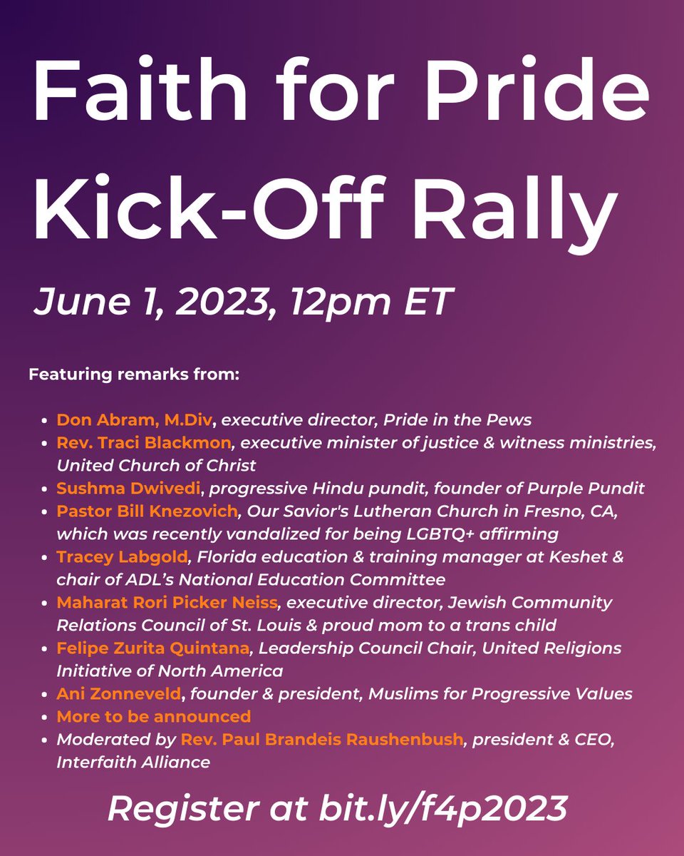 Join Moving Traditions and <a href="/intrfthalliance/">Interfaith Alliance</a> on 6/1 at 12pm ET for a virtual rally to kick off #Faith4Pride: a month of fighting against anti-LGBTQ+ rhetoric and legislation, as well as supporting organizations that work with LGBTQ+ communities. bit.ly/f4p2023