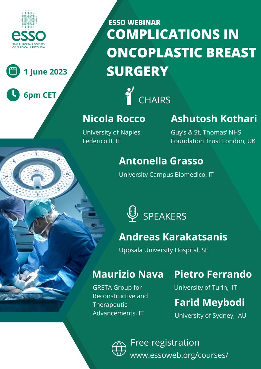 European Society of Surgical Oncology (ESSO) (@essonews) on Twitter photo Join this 🆓 #ESSOwebinar on Complications in #Oncoplastic #BreastSurgery on ⏰Thu 6pm CET
👉essoweb.org/courses/esso-w…
<a href="/EYSAC1/">EYSAC</a> <a href="/maurizio_nava/">Maurizio Nava</a> <a href="/KarakatsanisA/">Andreas Karakatsanis (he/him)</a> <a href="/BreastMe4/">SoMe4Breast</a> <a href="/surgery_breast/">Breast Surgery International</a> <a href="/GretaOncoplast/">Greta Oncoplastic</a> <a href="/myBRESO/">BRESO Eur. Breast Surgical Oncology Certification</a> <a href="/ATNEC1/">ATNEC Breast Cancer Study</a> <a href="/SG_BCC/">SGBCC</a> <a href="/ABSGBI/">ABS</a> <a href="/Breastcancerorg/">Breastcancer.org</a> <a href="/EUBREAST/">EUBREAST</a> @BIGagainstBC Join this 🆓 #ESSOwebinar on Complications in #Oncoplastic #BreastSurgery on ⏰Thu 6pm CET
👉essoweb.org/courses/esso-w…
<a href="/EYSAC1/">EYSAC</a> <a href="/maurizio_nava/">Maurizio Nava</a> <a href="/KarakatsanisA/">Andreas Karakatsanis (he/him)</a> <a href="/BreastMe4/">SoMe4Breast</a> <a href="/surgery_breast/">Breast Surgery International</a> <a href="/GretaOncoplast/">Greta Oncoplastic</a> <a href="/myBRESO/">BRESO Eur. Breast Surgical Oncology Certification</a> <a href="/ATNEC1/">ATNEC Breast Cancer Study</a> <a href="/SG_BCC/">SGBCC</a> <a href="/ABSGBI/">ABS</a> <a href="/Breastcancerorg/">Breastcancer.org</a> <a href="/EUBREAST/">EUBREAST</a> @BIGagainstBC
