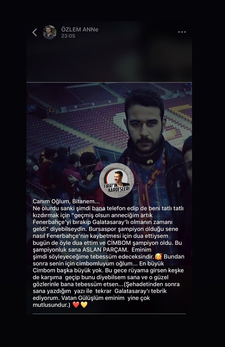 Şehit Fırat Yılmaz Çakıroğlu’nun annesinin Galatasaray şampiyonluk mesajı;