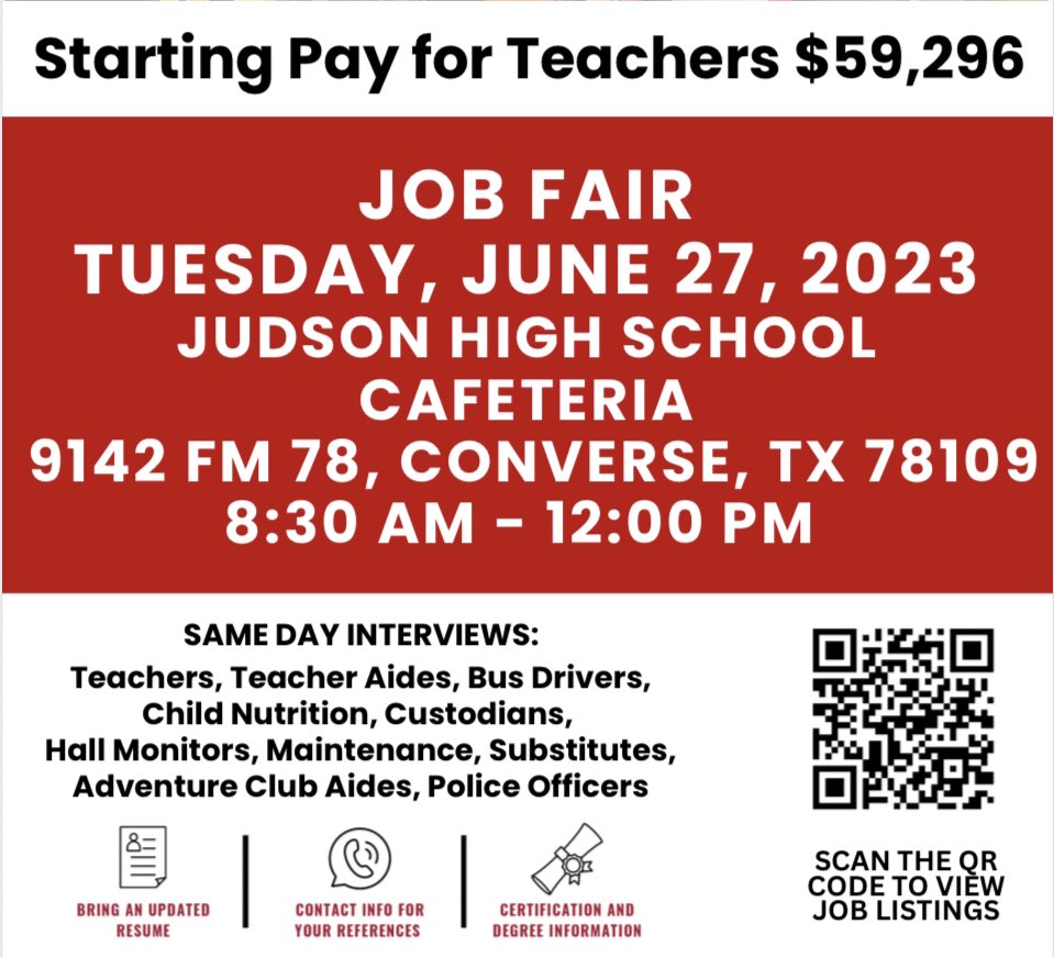 Join the <a href="/JudsonISD/">Judson ISD 🍎</a> Family‼️
Click on the link below to view Job Postings. #jobopportunities  #job  #jobfair  
judsonisd.tedk12.com/hire/index.aspx