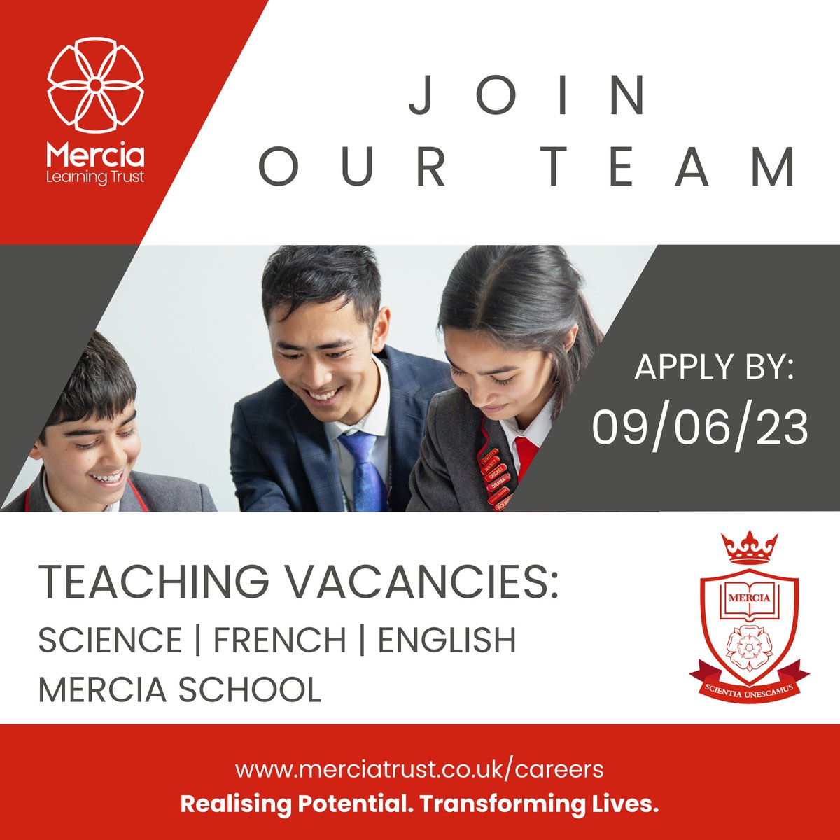 We are seeking highly skilled and talented Science, French and English teachers.

Find out more and apply:
merciatrust.co.uk/careers

#sheffieldschools #teachingjobs #secondaryteacher #teaching #teacher #sheffield #outstandingschool #englishteacher  #frenchteacher #scienceteacher