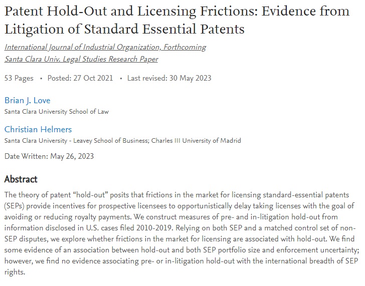Brian J. Love (@brianjlove) on Twitter photo .<a href="/crhelmers/">Christian Helmers</a> and I are pleased to share that our paper empirically analyzing the relationship between patent "hold-out" and licensing frictions is now forthcoming in IJIO. A near-final version is available on SSRN here: papers.ssrn.com/sol3/papers.cf… .<a href="/crhelmers/">Christian Helmers</a> and I are pleased to share that our paper empirically analyzing the relationship between patent "hold-out" and licensing frictions is now forthcoming in IJIO. A near-final version is available on SSRN here: papers.ssrn.com/sol3/papers.cf…
