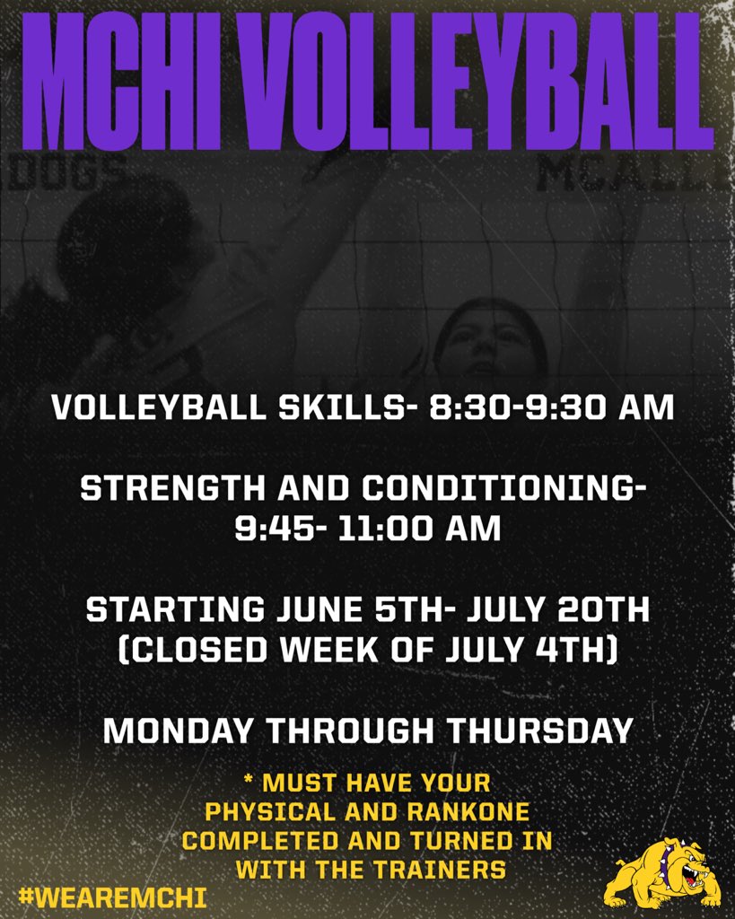 Reminder: Volleyball Skills &amp;  Strength and conditioning starts Monday June 5th. 
Please make sure all athletes have completed their rank one and current physicals.