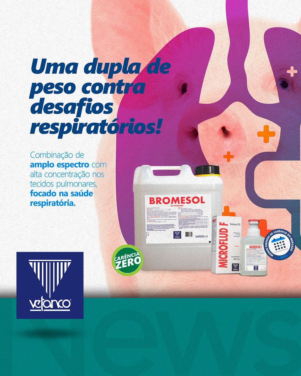 BrasilSuino's tweet image. Dupla de peso contra desafios respiratórios!  #VETANCO

#Bromesol: Mucolítico a base de Bromexina, uma formulação desenvolvida para reduzir a viscosidade da secreção pulmonar e produzir estimulação respiratória. 

O #Microfluid F é composto por florfenicol, possui amplo espectro…