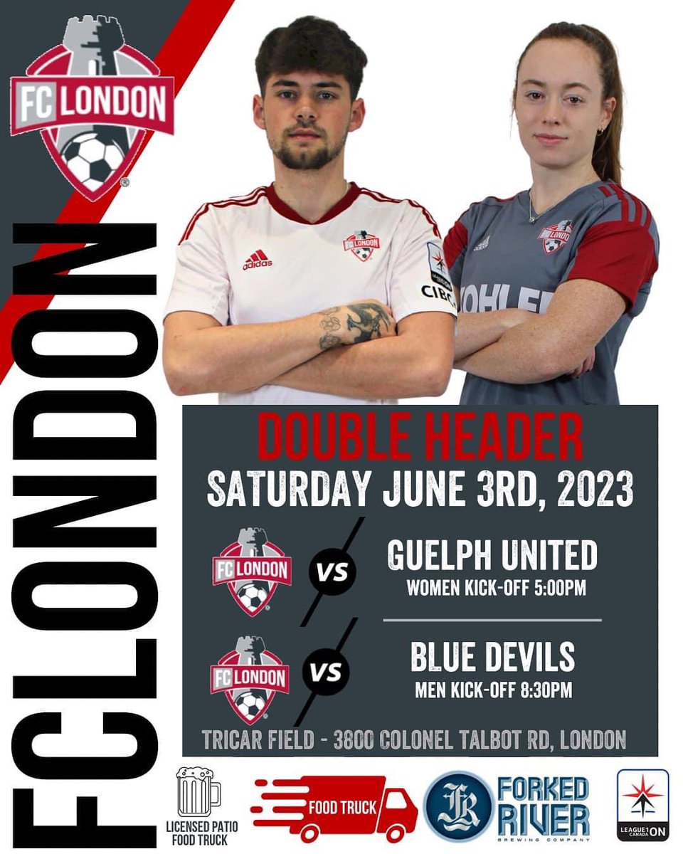 FCLondon's tweet photo. Double Header this weekend!  Come on out &amp; enjoy our licensed patio with Forked River Brewing Company, food truck, and top footy in our region.  

SATURDAY JUNE 3RD, 2023.

FCL Women 🆚 Guelph United:  
Kick-Off - 5:00pm

FCL Men 🆚 Blue Devils 
Kick-Off - 8:30pm https://t.co/ChjB9Qi5ff