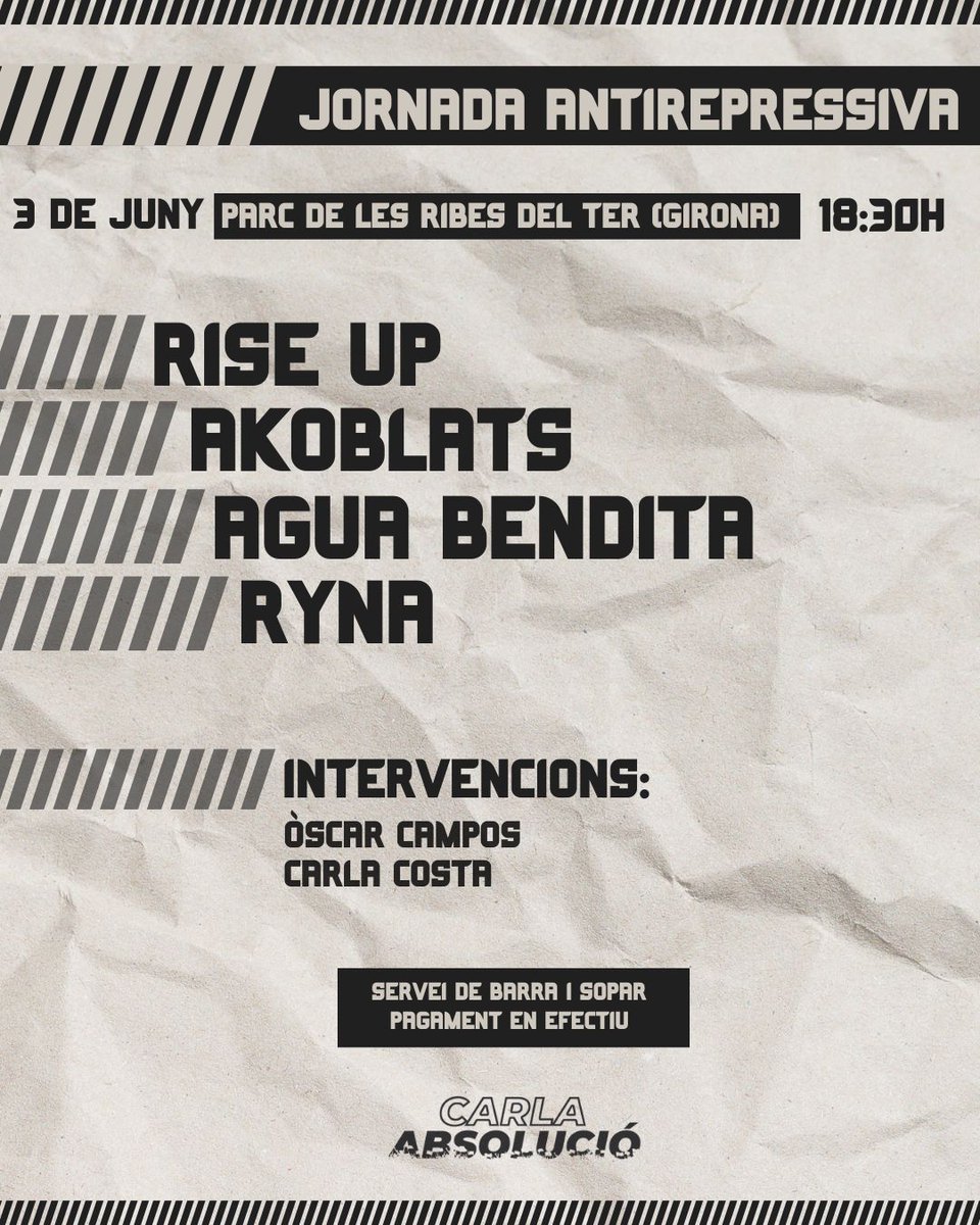 📢 Després de molts entrebancs administratius i de gestió per fi podem confirmar que aquest dissabte 3 de juny durem a terme les jornades antirepressives de <a href="/carlaabsolucio/">Carla Absolució</a>.