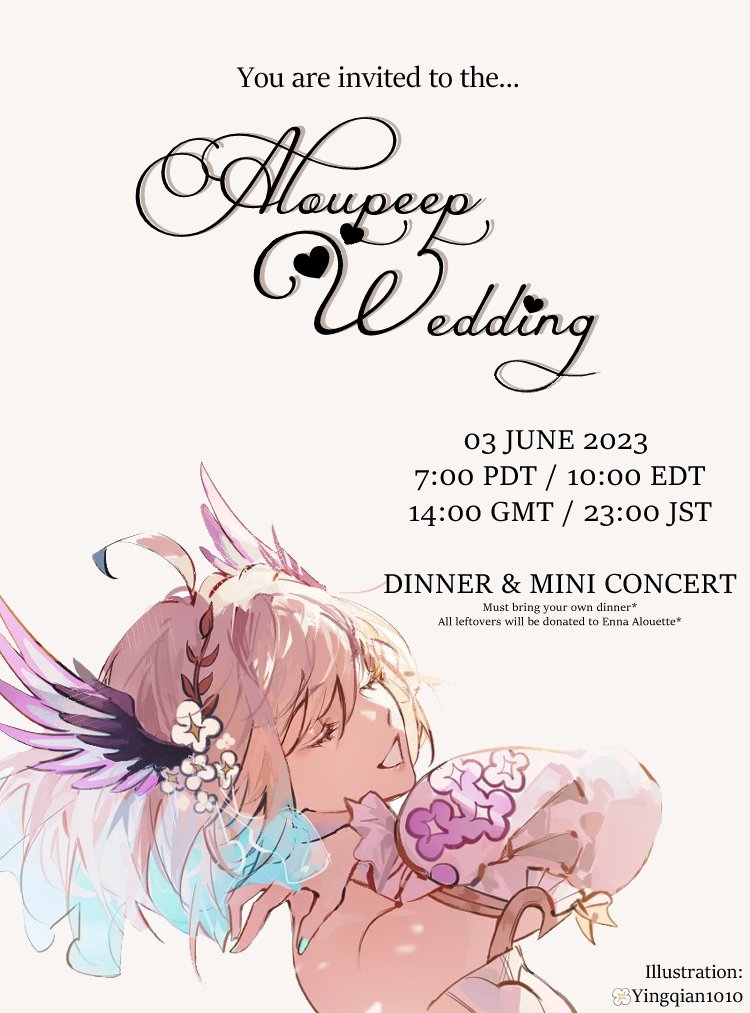 𝓐𝓵𝓸𝓾𝓹𝓮𝓮𝓹 𝓦𝓮𝓭𝓭𝓲𝓷𝓰
I am honored to read the vows & wed my Aloupeeps !!
Please tag #Alouwedding during the stream. Art & photos of your outfits are welcome as well~ The dress code is formal, preferably white, black and/or purple colours 🤍💜🖤