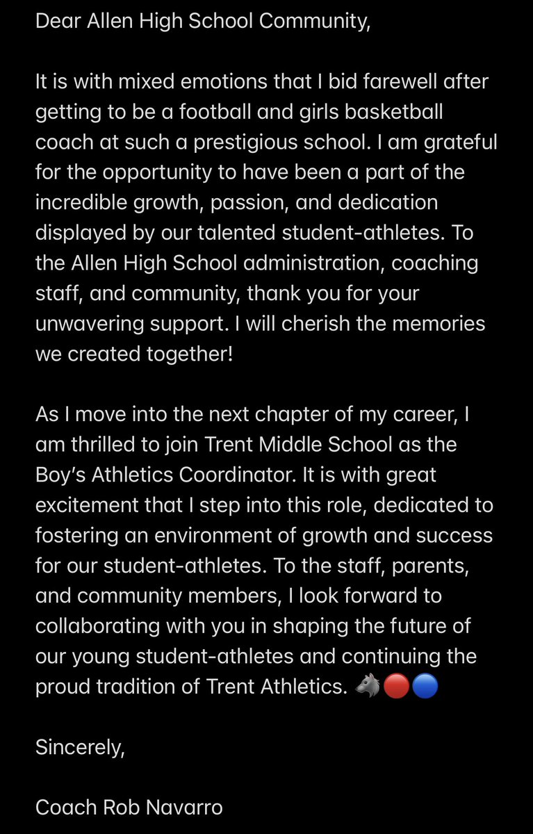 With year 5 of teaching in the books, it’s time for a new beginning! Excited to be named the new Boy’s Athletics Coordinator at Trent Middle School in Frisco ISD 🔴🔵

#WolfPack🐺