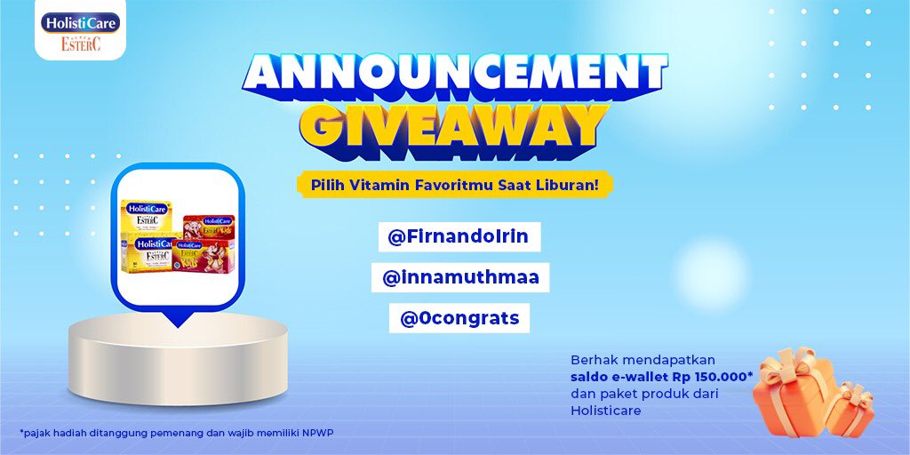 Vitamin C Yang Care (@holisticareid) on Twitter photo Akhirnya, pengumuman pemenang GIVEAWAY HOLISTICARE sudah ada🥳
CONGRATS buat Sahabat Holisticare <a href="/FirnandoIrin/">Firnando Amrinlana Asnita</a> <a href="/innamuthmaa/">Mutmainnah Inna</a> <a href="/0congrats/">KANG</a> 🎉🎉
DM kita sekarang juga untuk klaim hadiahmu ya!!
#YakinkanLangkahSehatmu bersama #HolisticareEsterC Akhirnya, pengumuman pemenang GIVEAWAY HOLISTICARE sudah ada🥳
CONGRATS buat Sahabat Holisticare <a href="/FirnandoIrin/">Firnando Amrinlana Asnita</a> <a href="/innamuthmaa/">Mutmainnah Inna</a> <a href="/0congrats/">KANG</a> 🎉🎉
DM kita sekarang juga untuk klaim hadiahmu ya!!
#YakinkanLangkahSehatmu bersama #HolisticareEsterC