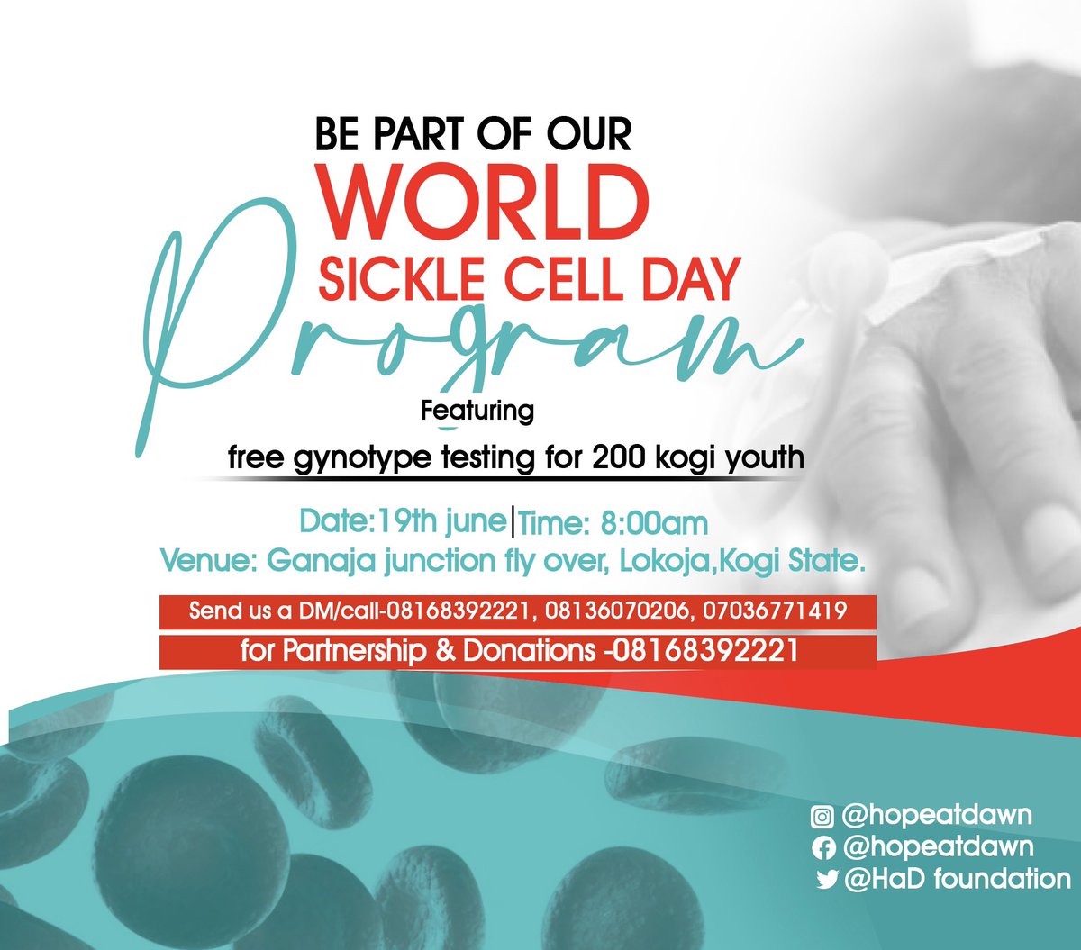 Join us on June 19th for our Sickle Cell Awareness Campaign! 🩸 Free genotype testing & powerful advocacy to make a difference. Together, we can fight #SickleCell! 💪 #KnowYourGenotype #June19th' 

Osimhen Eniola Badmus Kato Lubwama Bella Shumurda Martial iOS 17 Ronaldo Iyabo Ojo