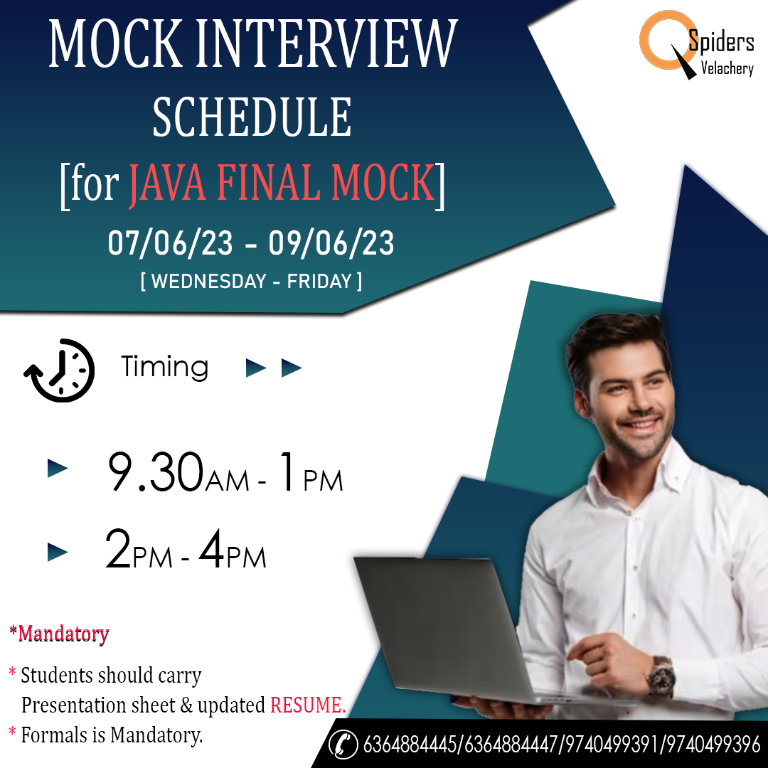 Tomorrow (June 07th , 2023 )
Mock Interview Schedule
.
.
FOR MORE QUERIES CALL US @ 6364884445/6364884447/9740499391/9740499396
.
.
#qspiders #jspiders #pyspiders #corejava #selenium #manualtesting #automationtesting #python #pythonprogramming #pythoncode #webdev #selenium #alm