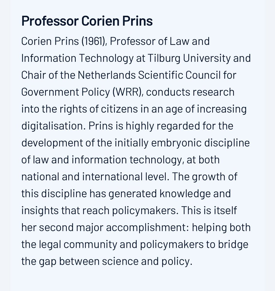 Huge congratulations to our @ALGOSOC_ co-Principal Investigator Corien Prins (@TilburgU and @WRRThinktank) for receiving the prestigious @NWONieuws Stevin Prize for her research on law and technology and it’s impact on society 🤩🚀👏🏽