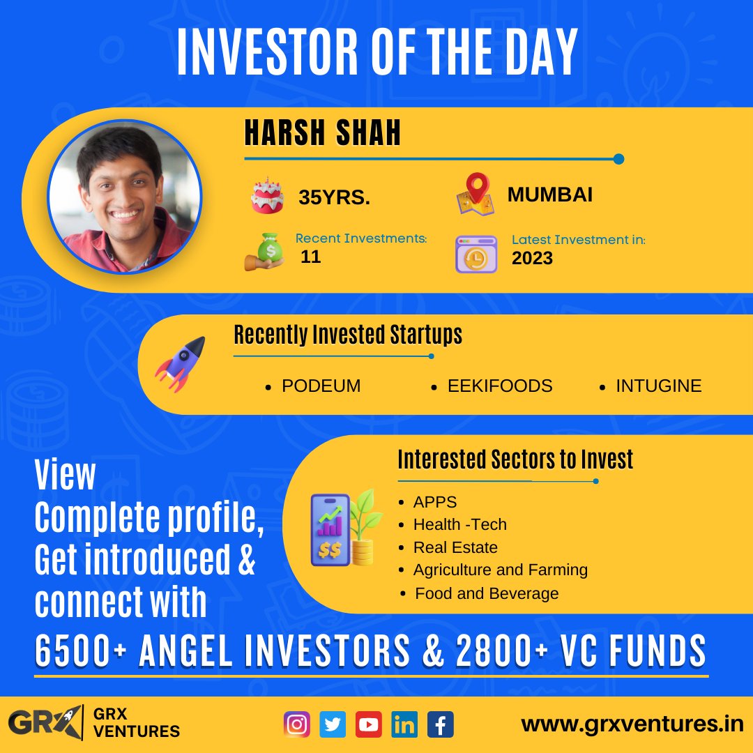 Introducing Harsh Shah, a 35-year-old #investor from Mumbai. His recent investment is in Podium, Bengaluru. He is interested in #investing in OTT, Tiles, and Skincare sectors. Connect with him to expand your network. #Greventures #InvestorSpotlight
#StartupInvestments