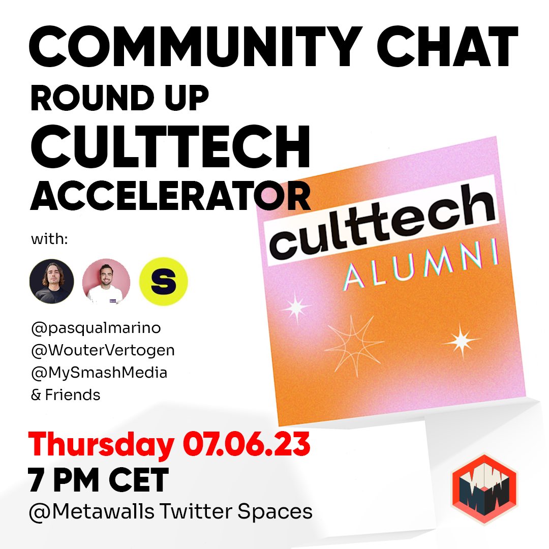 Thursday night on the <a href="/Metawalls_bln/">METAWALLS</a> Twitter, we’re doing a spaces with other startups from the <a href="/CultTechAcc/">CultTech Accelerator</a> chatting running a culture business in tech and what the accelerator was like. 

Join us!

Thursday 7pm CET

x.com/i/spaces/1BdxY…

#startup #NFTCommmunity #StreetArt