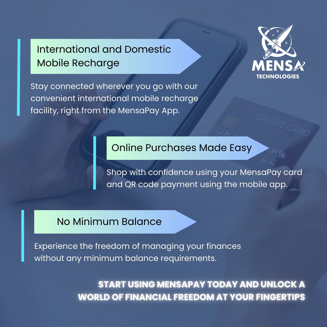Small / Medium Businesses, Shopping Malls, Schools, Hospitals, and Chain stores! Discover the incredible benefits of MensaPay card and app below. ️
#MensaPay #SmallBusiness #MultilingualApp #ConvenientRecharge #TrackYourSavings #MallGiftCard  #NoMinimumBalance #DigitalPayments