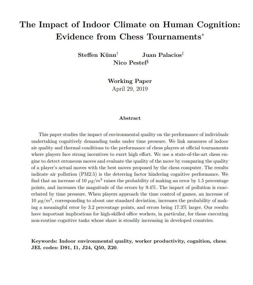 emollick's tweet image. Expect a dumb day in the Eastern US, due to smoke:
📉Stock traders underperform by 7% on heavily polluted days 
♟⚾️High pollution increases the errors made by chess players &amp;amp; umpires in big ways
🕴️Moderate pollution drops the quality of politicians' speeches by a half a grade