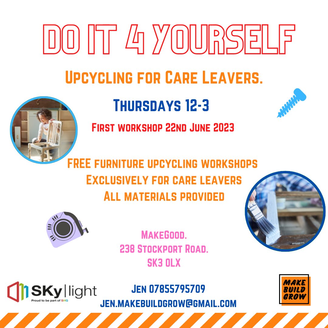 ⭐️ Our first Session at MakeGood.
Pls share with any young people leaving care.
⭐️ Everything will be provided, as well as brews, cakes, toasties, snacks.   
🌟 🌟 if anyone wants to get involved but can’t do Thursdays us know we can probably sort something else.