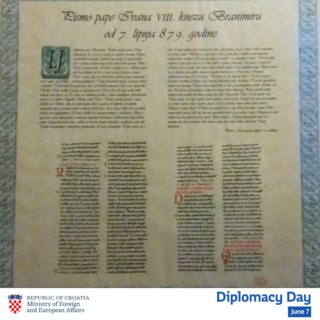 MFA_Croatia's tweet photo. Na današnji je dan 879. godine papa Ivan VIII. u pismu hrvatskom vladaru knezu Branimiru priznao suverenost srednjovjekovne hrvatske države. 

Čestitamo Dan 🇭🇷 diplomacije! 

#DanDiplomacije https://t.co/QNikm8973Q