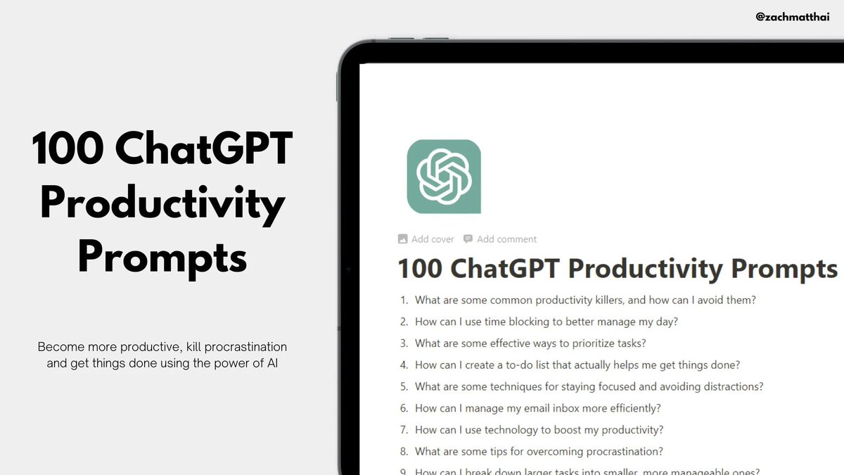 ChatGPT is a FREE productivity assistant.

But most people don't know how to unlock its full potential.

So I built 100+ ChatGPT prompts to supercharge productivity in no time.

Next 24 hrs, it's FREE.

To get it:

1. Follow me (so I can DM you)
2. RT this tweet
3. Reply "SEND"