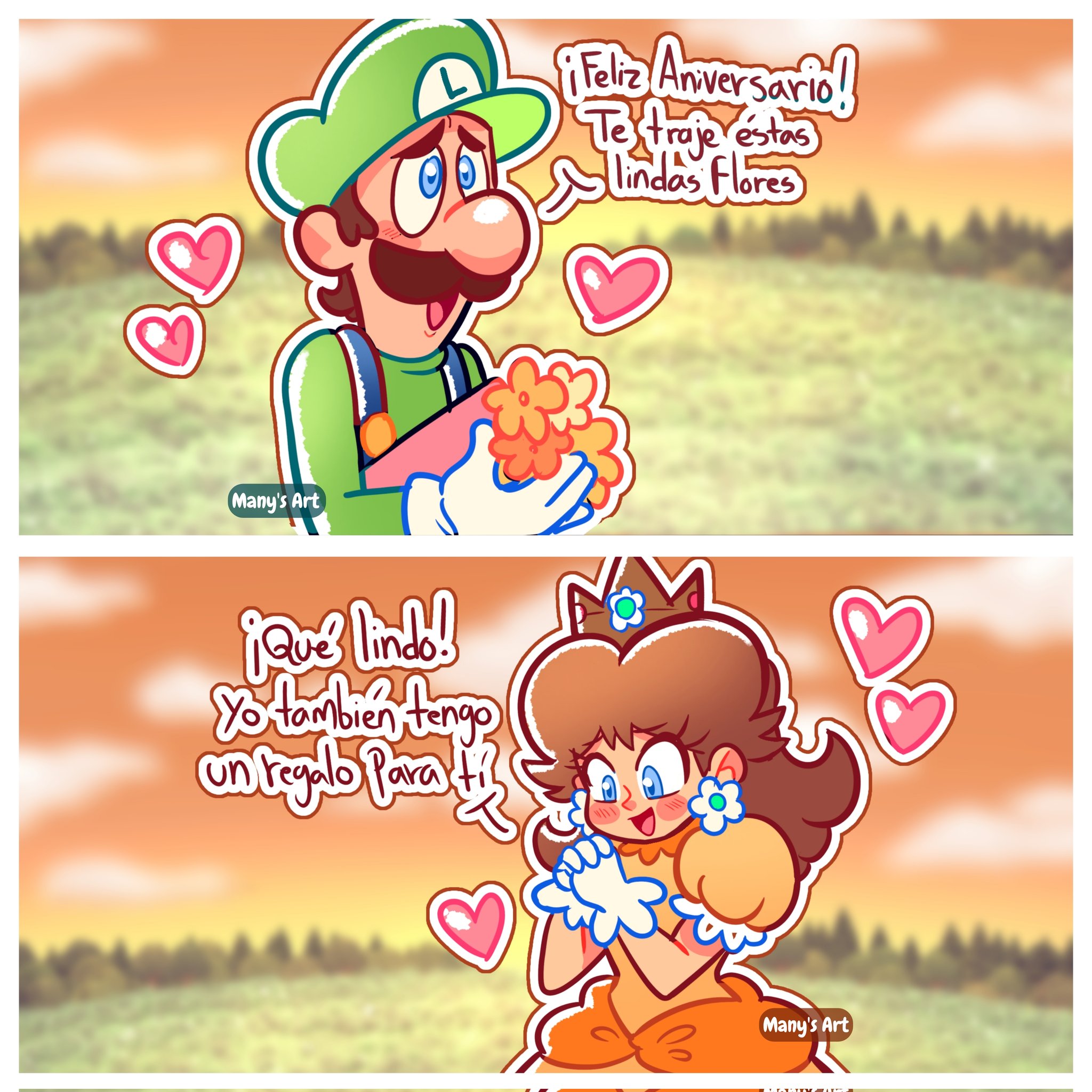 Manys Art 💜✨ on X: English: Luigi: Happy Anniversary! I brought you  these pretty flowers 💚✨ Daisy: How sweet! I also have a gift for you 🧡✨  t.copRO29YjeGm  X