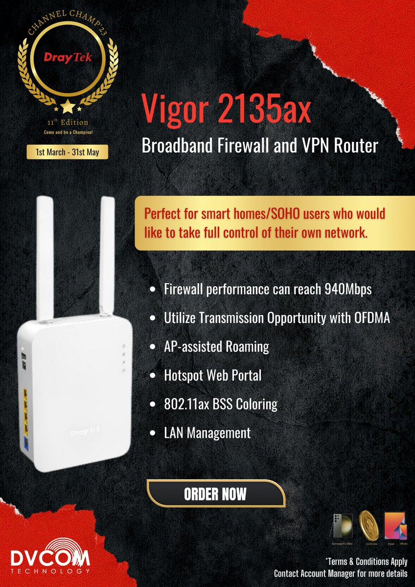 DvcomTechnology's tweet image. The Ideal SOHO VPN Router for Full Fibre Connections!

Registration link: lnkd.in/dj3mn8dK

@DrayTek_HQ 

#DrayTekChannelChamp2023UAE
#NetworkingCompetition
#JoinTheRace
#NetworkingSkills
#IndustryChampion
#networking
#uae