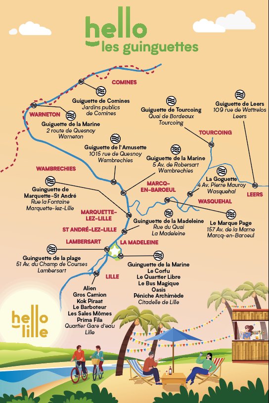 Hello_Lille's tweet photo. 🌞🌞Oyé, oyé, la saison des Guinguettes est lancée !🌞🌞

Alors on partage cette carte qui vous accompagnera jusqu'en septembre pour découvrir #Lille et la @MetropoleLille les pieds dans l'eau !
#hellolille https://t.co/j6oeoRHBLs