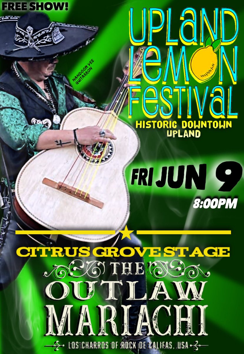 WHAT'S UP-Land Califas!!

You ready for our show at the <a href="/UplandLemonFest/">Upland Lemon Fest</a>??...
WE ARE!

FRI JUNE 9 | AT 8:00PM
ALL AGES | FREE SHOW!!
ON THE CITRUS GROVE STAGE!!

MORE INFO :
uplandlemonfestival.com/entertainment-…
&amp;
theoutlawmariachi.com
#UPLANDCA #UPLANDLEMONFESTIVAL2023