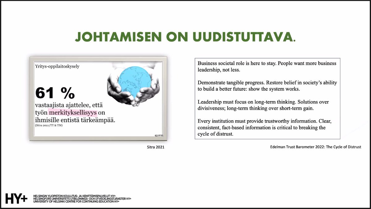 HY+ Helsinki (@hyplushelsinki) on Twitter photo Johtamisen on uudistuttava. "Tarvitaan lisää osaamista ihmisistä, oikeudenmukaisuudesta, etiikasta", toteaa <a href="/outiihanainen/">Outi Ihanainen-Rokio</a> HY+digiaamussa. "Johdon tulee näyttää suuntaa." #hyplusdigiaamu #kestävyys #johtaminen #työelämä #kestävätyöelämä Johtamisen on uudistuttava. "Tarvitaan lisää osaamista ihmisistä, oikeudenmukaisuudesta, etiikasta", toteaa <a href="/outiihanainen/">Outi Ihanainen-Rokio</a> HY+digiaamussa. "Johdon tulee näyttää suuntaa." #hyplusdigiaamu #kestävyys #johtaminen #työelämä #kestävätyöelämä