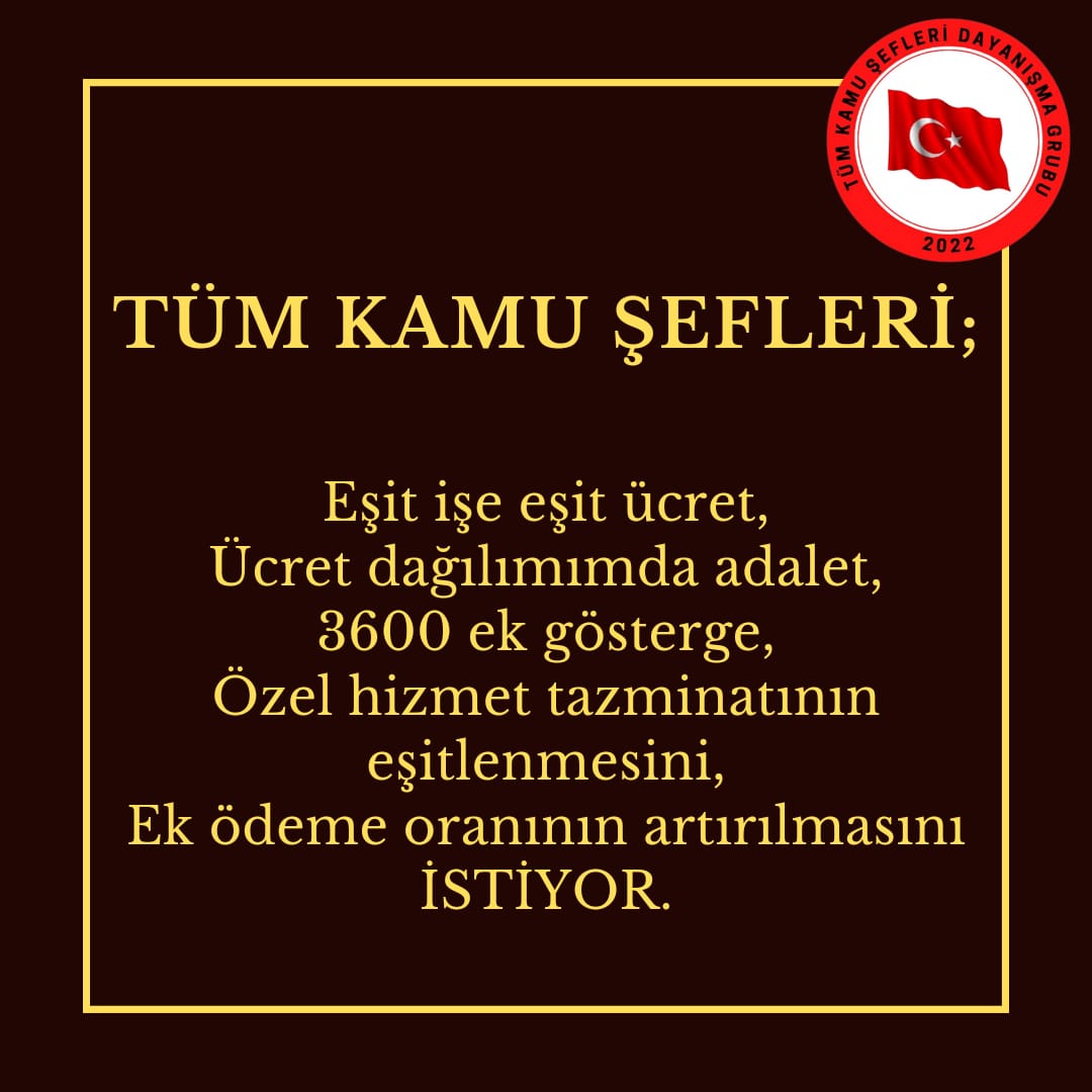 🇹🇷 TÜM KAMU ŞEFLERİ DAYANIŞMA GRUBU 🇹🇷 (@kamuseflerid_g) on Twitter photo Kamuda çalışma barışının sağlanması için Yönetici #TümKamuŞefleri söz verildiği gibi 3600 ek gösterge başta olmak üzere özel hizmet tazminatı, ek ödeme oranlarının eşitlenmesi ve diğer mali haklarının verilmesini hak ve talep ediyor. <a href="/RTErdogan/">Recep Tayyip Erdoğan</a> <a href="/memetsimsek/">Mehmet Simsek</a> @Vedatisikhantr Kamuda çalışma barışının sağlanması için Yönetici #TümKamuŞefleri söz verildiği gibi 3600 ek gösterge başta olmak üzere özel hizmet tazminatı, ek ödeme oranlarının eşitlenmesi ve diğer mali haklarının verilmesini hak ve talep ediyor. <a href="/RTErdogan/">Recep Tayyip Erdoğan</a> <a href="/memetsimsek/">Mehmet Simsek</a> @Vedatisikhantr