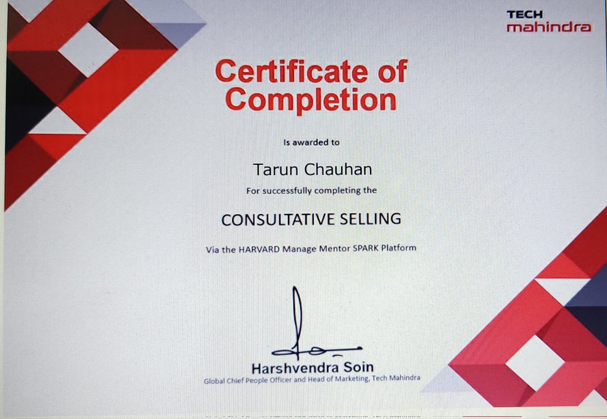 Tarun Chauhan (@evergreen_tarun) on Twitter photo Consultative Selling is the approach we all must vying for.
Thank you <a href="/tech_mahindra/">Tech Mahindra</a> and HMM spark for this upskilling opportunity 😊
<a href="/C_P_Gurnani/">CP Gurnani</a>
#togetherwerise #lovetobetechm #PrideMonth #certificate #upskilling #constructiveselling Consultative Selling is the approach we all must vying for.
Thank you <a href="/tech_mahindra/">Tech Mahindra</a> and HMM spark for this upskilling opportunity 😊
<a href="/C_P_Gurnani/">CP Gurnani</a>
#togetherwerise #lovetobetechm #PrideMonth #certificate #upskilling #constructiveselling