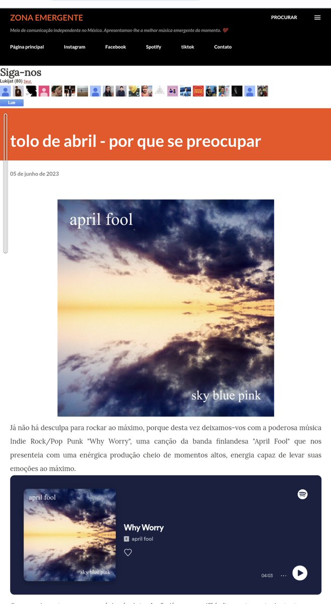 exploding_fish's tweet photo. Mexican music blog Zona Emergente has just written about the song Why Worry from April Fool's new release!

https://t.co/l1ucYxFr67

#aprilfoolofficial #indierock #alternativerock #indiepop #skybluepink_ep https://t.co/uaAgRuPolH