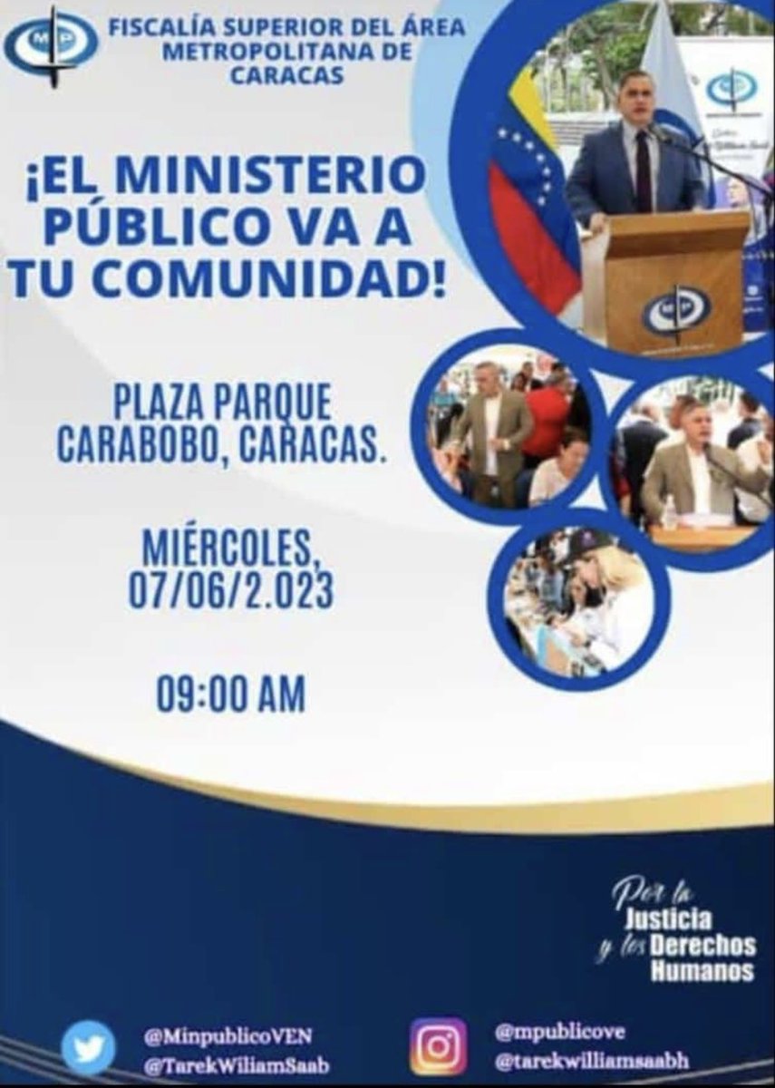 #TRABAJO… este #miércoles rueda de prensa del <a href="/MinpublicoVEN/">Ministerio Público venezolano</a> a las 11:00am en la Plaza Parque Carabobo Caracas, EN EL MARCO DE NUESTRA JORNADA:  EL MINISTERIO PÚBLICO VA A TU #COMUNIDAD