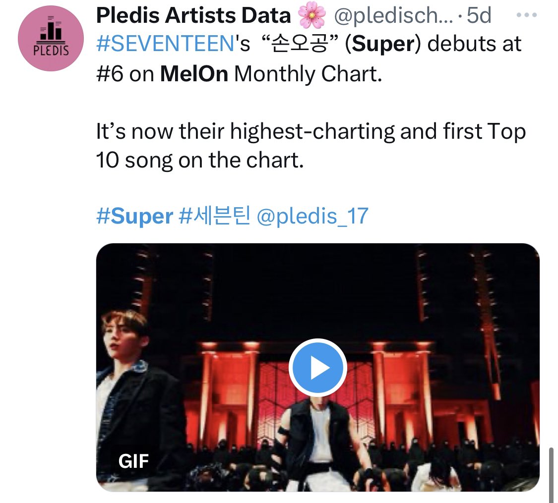cisnys's tweet photo. Seventeen the only boygroup charting on melon top 10, ‘Super’ debuted at #6 in MelOn Monthly Chart. It’s the year highest debut and charting song by a male group. 'FML' has recorded 9,720,800 streams in 24 hours after its release, making it as the all-time high for Melon Hall! https://t.co/jteIm7SbGq