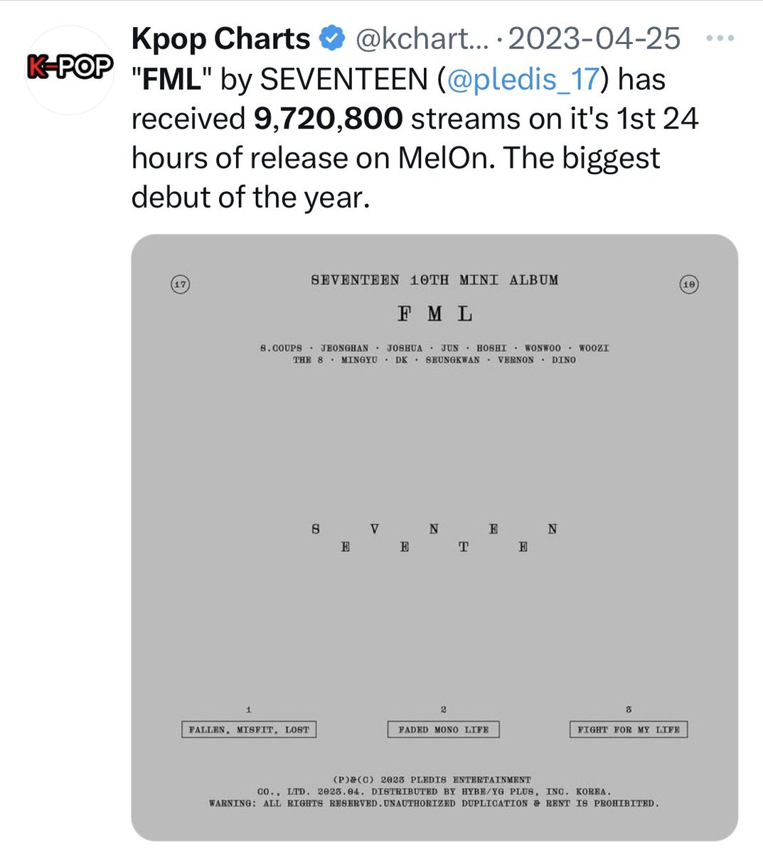 cisnys's tweet photo. Seventeen the only boygroup charting on melon top 10, ‘Super’ debuted at #6 in MelOn Monthly Chart. It’s the year highest debut and charting song by a male group. 'FML' has recorded 9,720,800 streams in 24 hours after its release, making it as the all-time high for Melon Hall! https://t.co/jteIm7SbGq