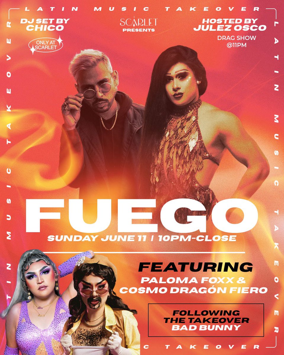 Sun 6/11 ~ Doors open at 8pm for the BAD BUNNY Takeover! All Bad Bunny until 10pm, followed by FUEGO our Latin Music night! Hosted by @julezosco with DJ @_CHlCO! #pride #chicago #sundayfunday #badbunny #lgbtq