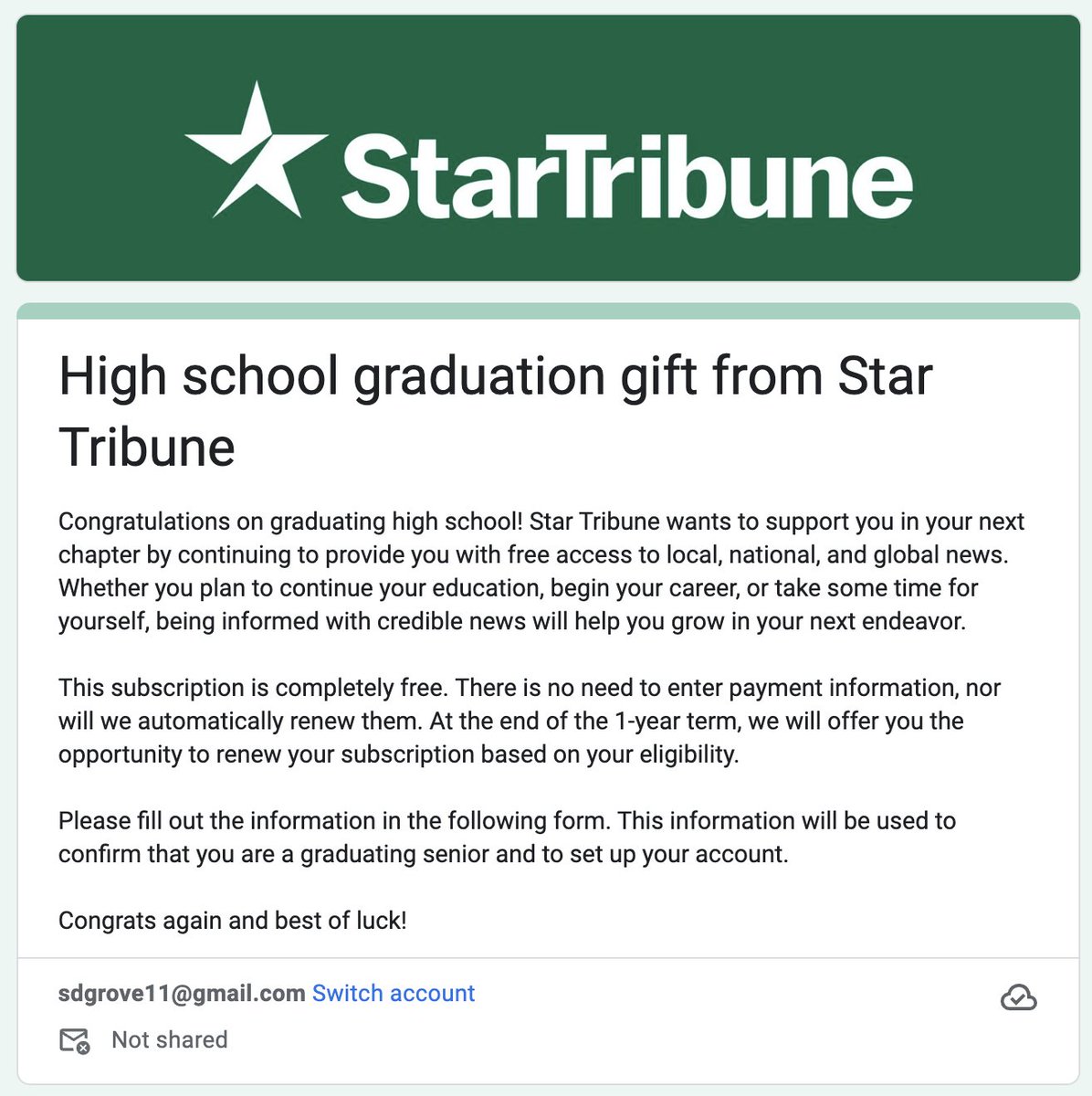 Congratulations to all Minnesota high school graduates! 🎓🎓🎓 As a gift to every single 2023 high school grad in Minnesota, the @StarTribune is offering a FREE 1-year subscription. No strings attached; no payment info needed. Sign up here! bit.ly/42svX7r