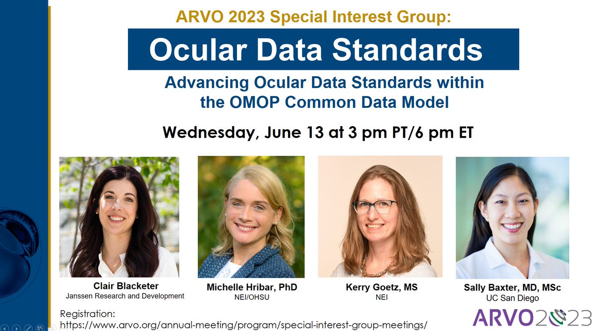 SallyLiuBaxter's tweet image. Very excited for @ARVOinfo SIG session next Wed 6/13 at 3 pm PT about #data #standards and #OMOP (@OHDSI) in #Ophthalmology! Thrilled to be speaking alongside Clair Blacketer, @kerrywvu , &amp;amp; @hribar_michelle