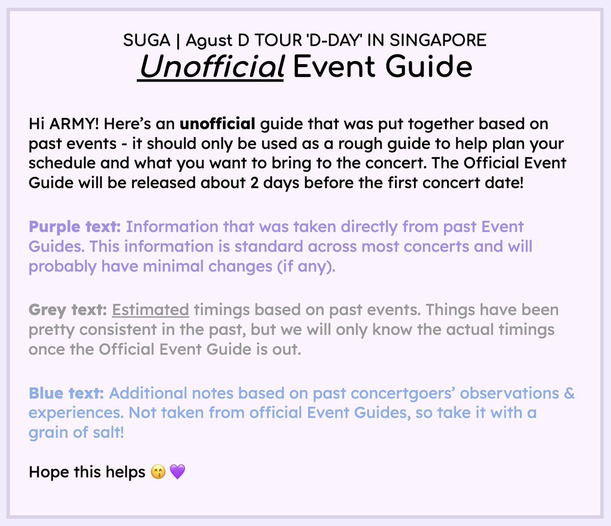 613apbp's tweet photo. Hi guys 😙💜 Can you believe we're only 9 days away from D-DAY in SG 😖😩🗣️👯‍♀️🦟🦗🦟🦗 

Anyway! Here's an UNOFFICIAL event guide 🫡 Hope it helps you plan for the concert while we wait for the official details to be announced! 

and happy festa 🥳 sososo excited for Take Two 🥹🤩 https://t.co/XYrzNJEW29