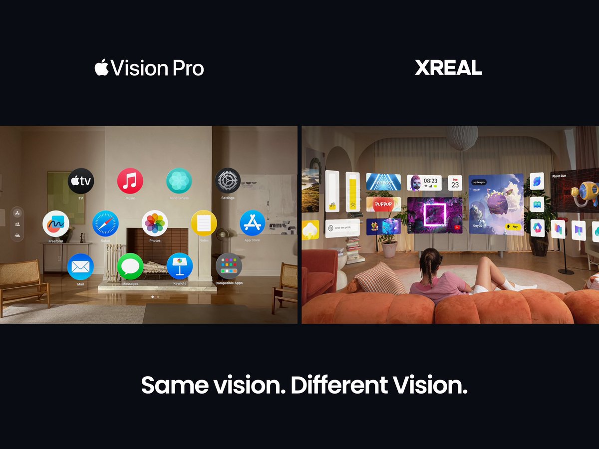 While we share the same vision, we are taking very different approaches to product design 👓

Find out more about XREAL 🔗 xreal.com
Get your XREAL Air 🛒 amzn.to/3OFpS4e

#WWDC23 
#AppleVisionPro 
#XREAL