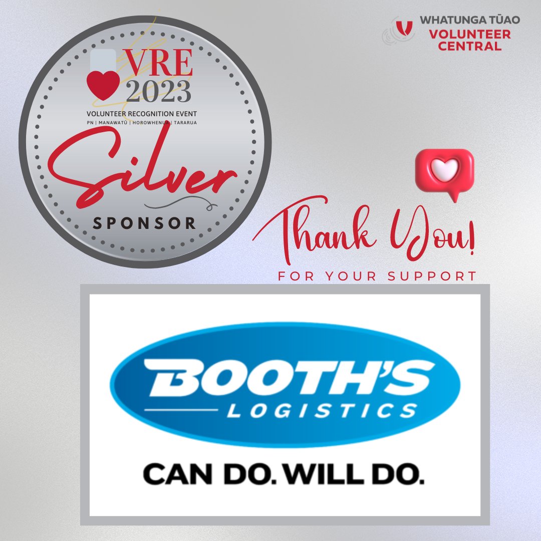 Introducing the amazing Silver Sponsor of the upcoming 10th Volunteer Recognition Event:
🥈 Booth's Logistics
#BoothsLogistics #SupportLocal #logistics #EventSponsors #ThankYou #MakingADifference #VRE2023 #PalmerstonNorth #Manawatu #Feilding #Horowhenua #Tararua
