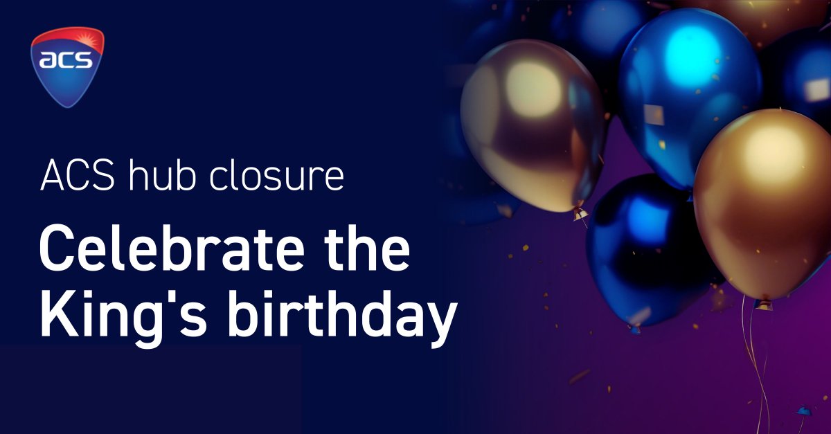 Dear Members, Please be informed that the ACS offices in New South Wales, Northern Territory, South Australia, Tasmania, Victoria, and Canberra will be closed to celebrate the King's birthday on Monday, 12 June. We shall resume regular operations on Tuesday, 13 June.
