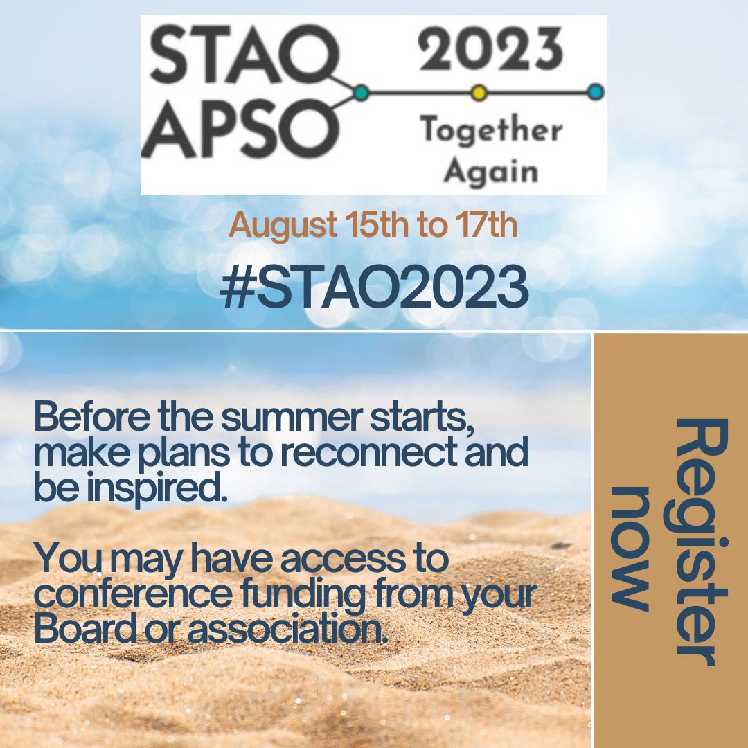 Teachers love learning, connecting and being inspired.  Before the summer starts, don't forget to register at stao.ca/product-catego…
#STAO2023
#APSO2023