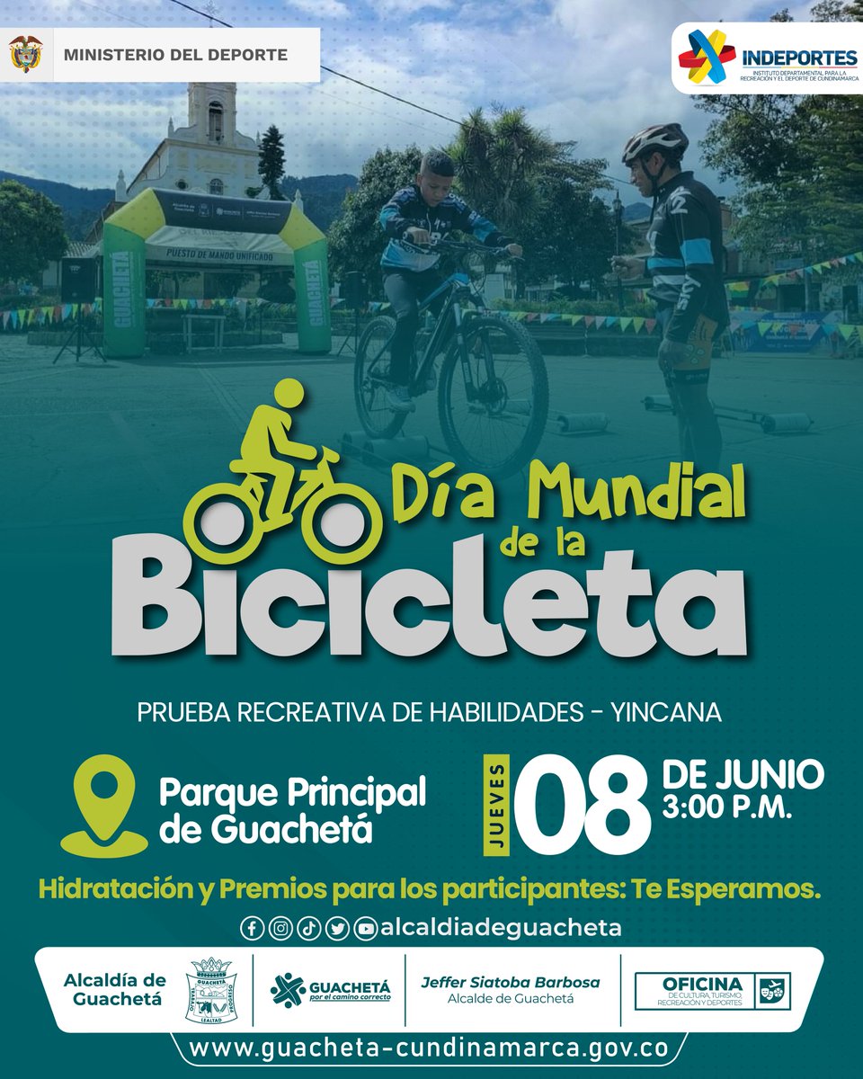 AlcdGuacheta's tweet photo. 🚲#GuachetáMásDeportiva se une a la Celebración del #DíaMundialDeLaBicicleta️ 2️⃣0️⃣2️⃣3️⃣
🚴🏽♂️Prueba Recreativa de Habilidades🚴♀️ 🔆YINCANA🚲
🗓️Jueves 8 de junio
🕙3:00 pm
📍Parque Principal
Organiza e Invita📢:
Administración Municipal #GuachetáPorElCaminoCorrecto.
#Indeportes https://t.co/FIhy5s2SPS